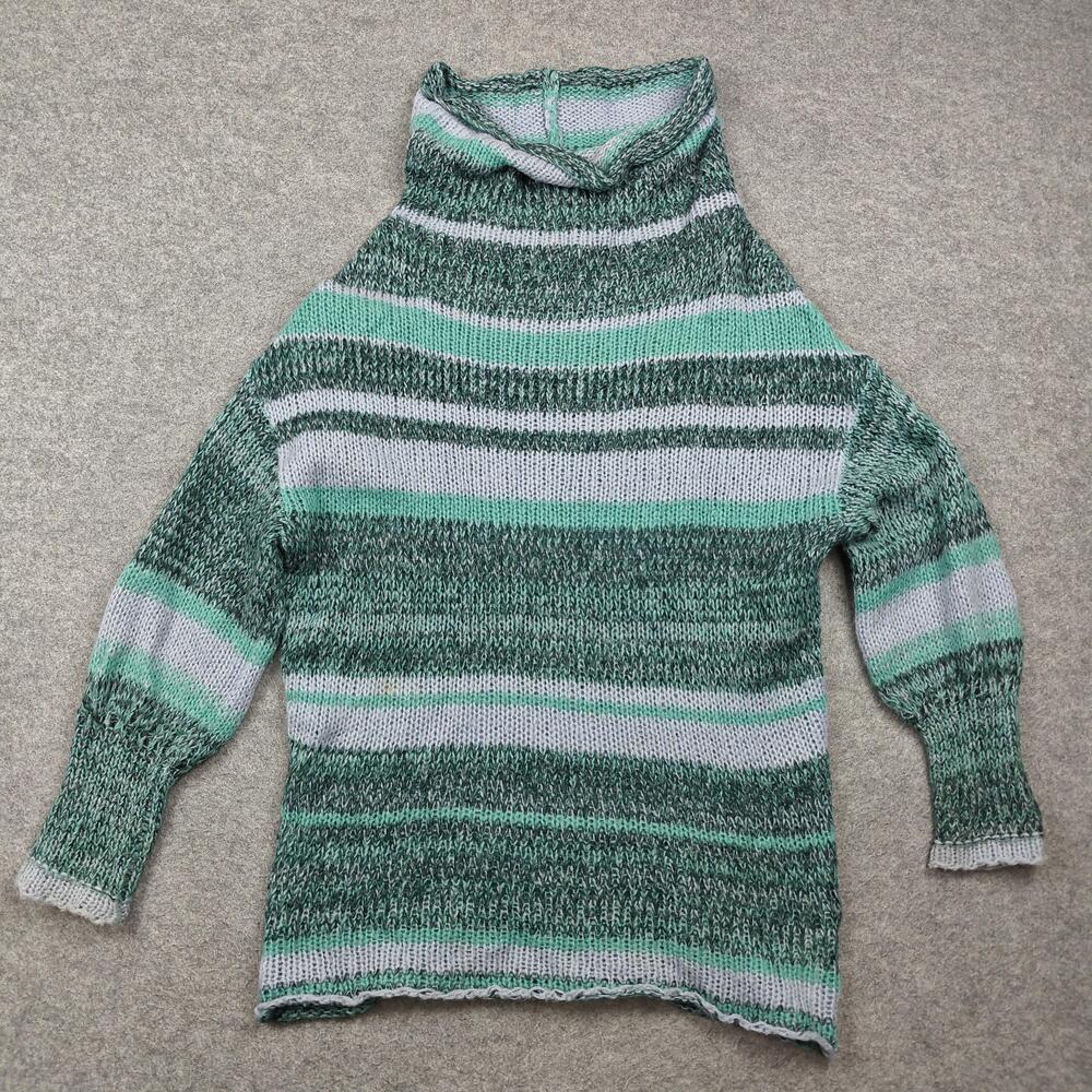Free People Sweater Womens Small Green Striped Cowl Neck Open-Knit Pullover